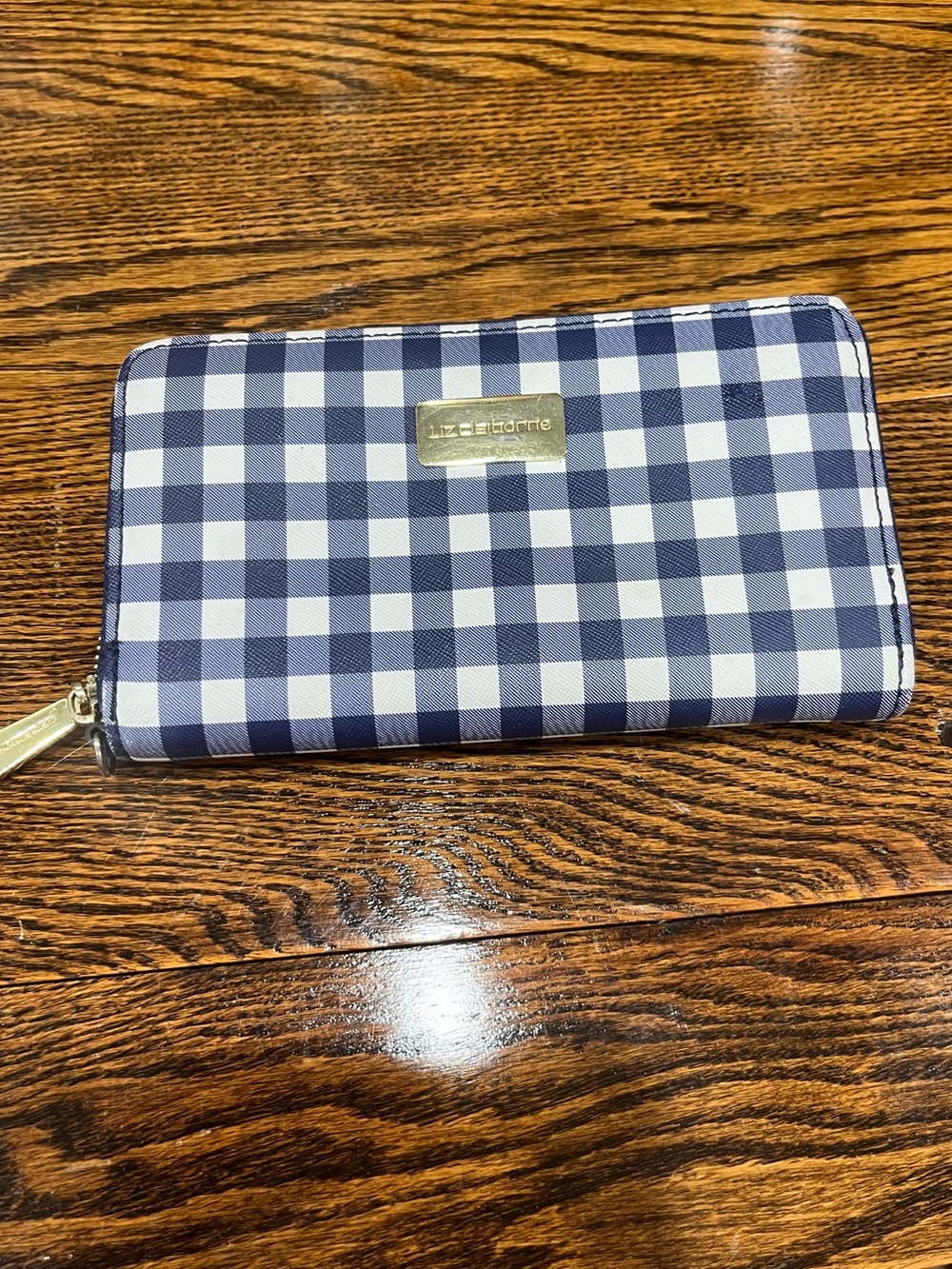 Liz Claiborne Navy & White Gingham Zip-Around Wallet